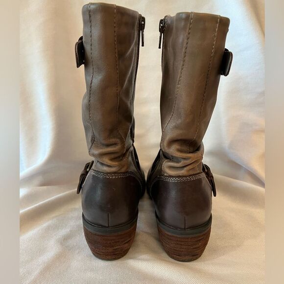 Leather Slouch Ankle Boots Gray Brown Moto Buckle Lug Block Heel SZ 10.5 - Picture 5 of 11